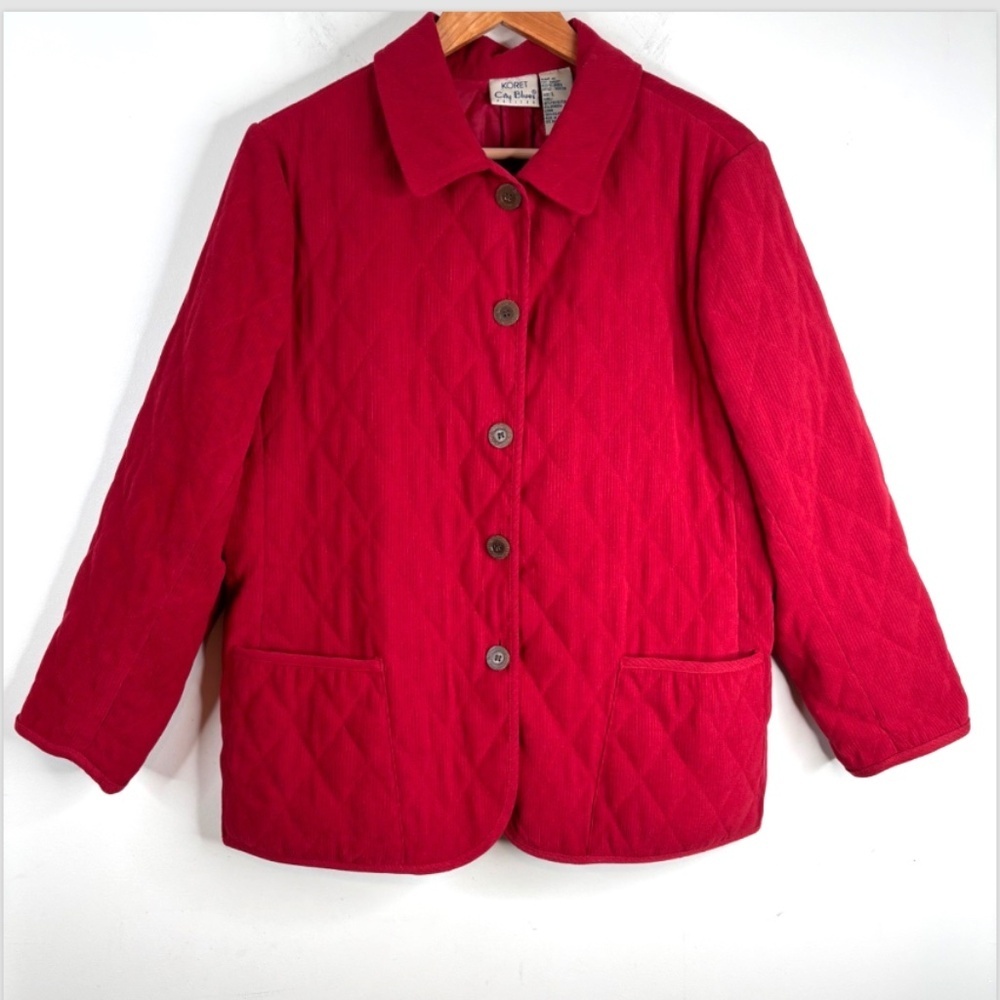 VTG 90s Koret Red Corduroy Chore Coat LP Quilted Shacket Barn Jacket Fall Button